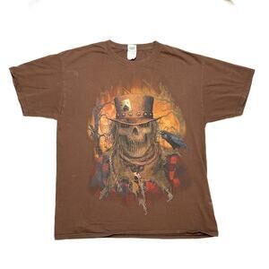 Vintage Y2K Evil Scarecrow Skull T-Shirt Brown Crow Ace of Spades Fire Men's L